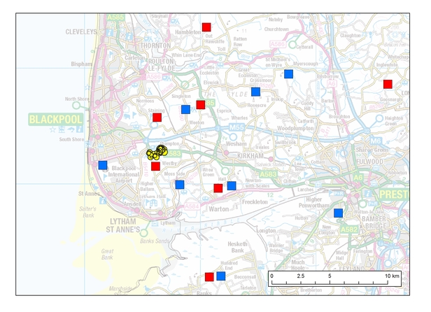 Yellow circles show seismicity detected at Preston New Road. Red and blue squares show seismic stations installed by BGS and Liverpool University.