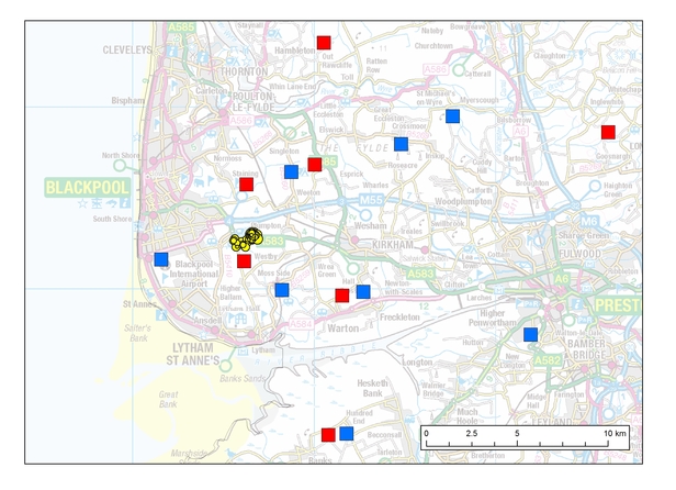 Yellow circles show seismicity detected at Preston New Road. Red and blue squares show seismic stations installed by BGS and Liverpool University.