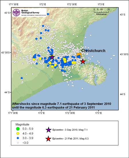 Christchurch aftershocks map pre this earthquake