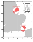 Locations and mechanisms of the two earthquakes. CLICK FOR A LARGER VERSION